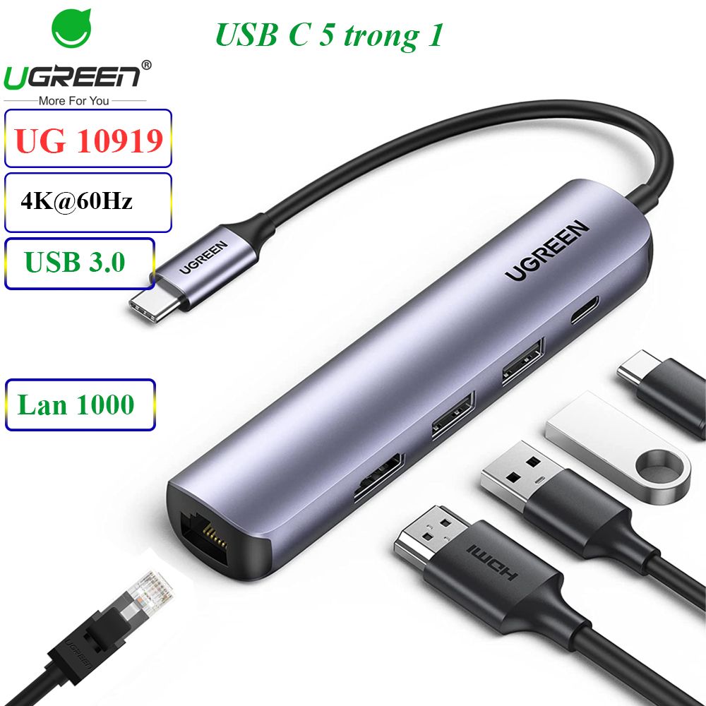 Bộ chuyển USB type C ra HDMI + USB + lan + DP 100W 5 trong 1 Ugreen 10919