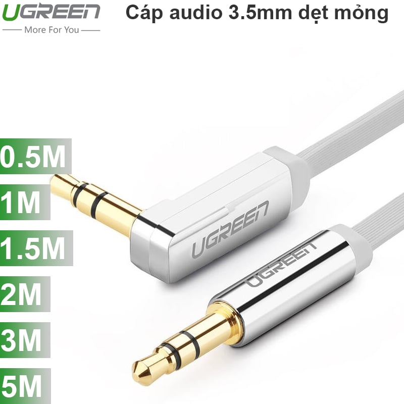 Cáp Audio âm thanh 3.5mm bẻ góc Ugreen 0.5M 1M 1.5M 2M 3M 5M (dẹt mỏng màu trắng)