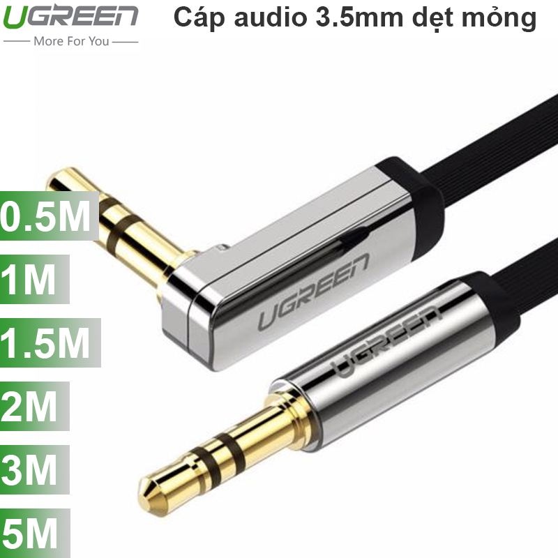 Cáp Audio âm thanh 3.5mm bẻ góc Ugreen 0.5M 1M 1.5M 2M 3M 5M (dẹt mỏng màu đen)