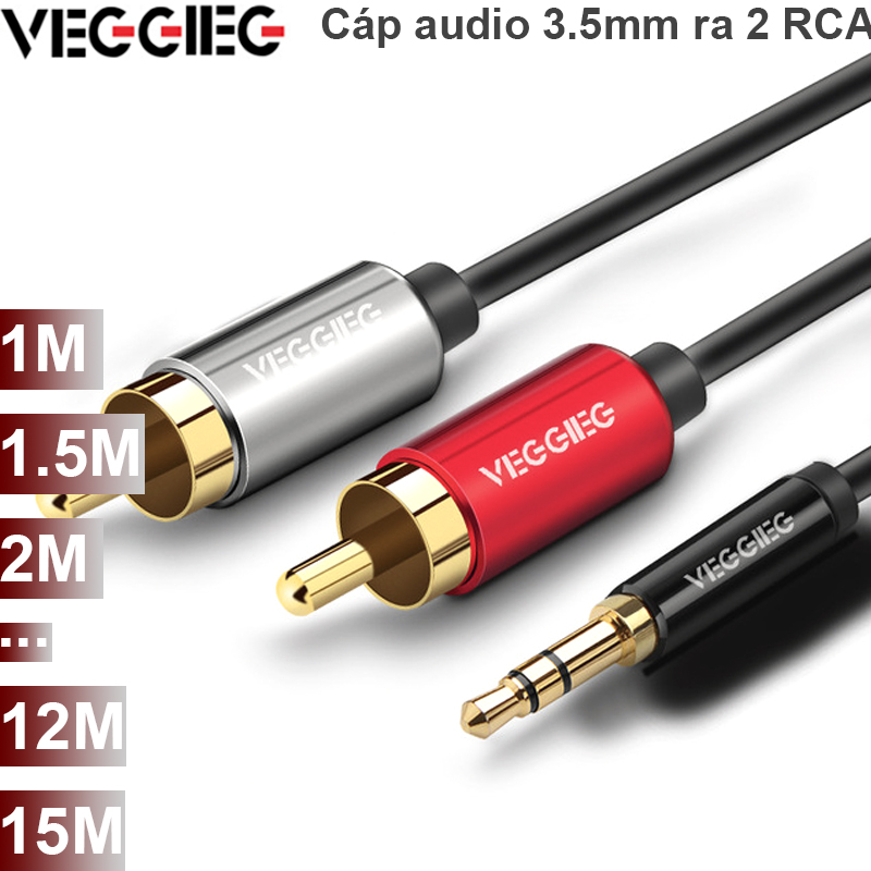 Cáp Audio 3.5mm to 2 RCA - Dây âm thanh 1 đầu 3,5mm ra 2 đầu AV hoa sen Veggieg 1M 1.5M 2M 3M 5M 10M 12M 15M