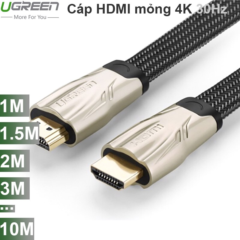 Cáp HDMI Ugreen 1M 1.5M 2M 3M 5M 8M 10M dây dẹt mỏng bọc lưới full HD 4K2K 30Hz