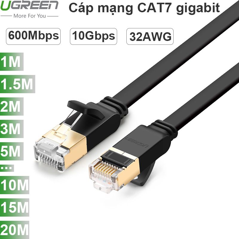  Cáp mạng LAN CAT7 10Gbps FTP UGREEN từ 1M 1.5M 2M 3M 5M 8M 10M 15M 20M, đầu bọc hợp kim mạ vàng 
