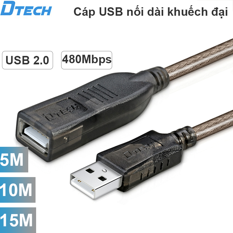 Cáp nối dài USB 2.0 AM-AF 1 đầu đực 1 đầu cái 5 mét 10 mét 15 mét có IC khếch đại DTECH