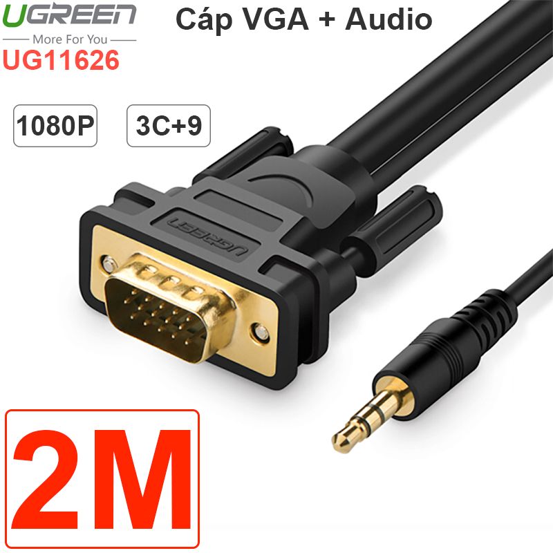  Dây cáp VGA 3+9 liền Audio 3.5mm 2M | 3M | 5M hỗ trợ âm thanh 2 kênh full HD 1080P chính hãng UGREEN 