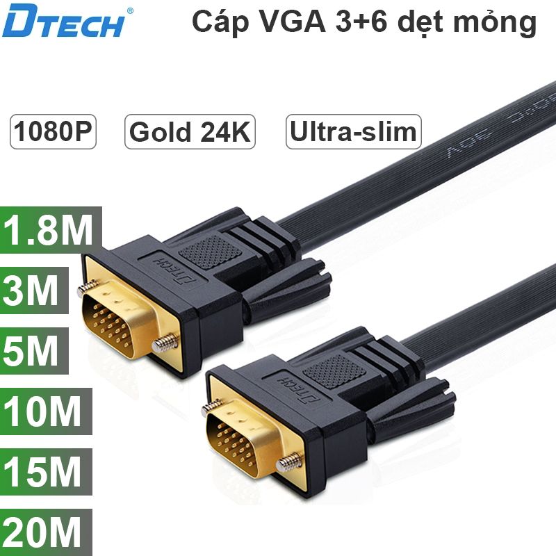 Cáp VGA 3+6 mỏng dẹt full HD1080P mạ vàng 24K DTECH 1.8M 3M 5M 10M 15M 20M