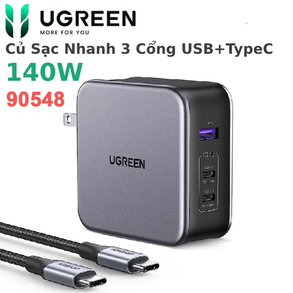 Củ sạc nhanh 140W GaN Nexode USB Type C Ugreen 90548 với 3 cổng sạc 2x USB-C, 1x USB-A