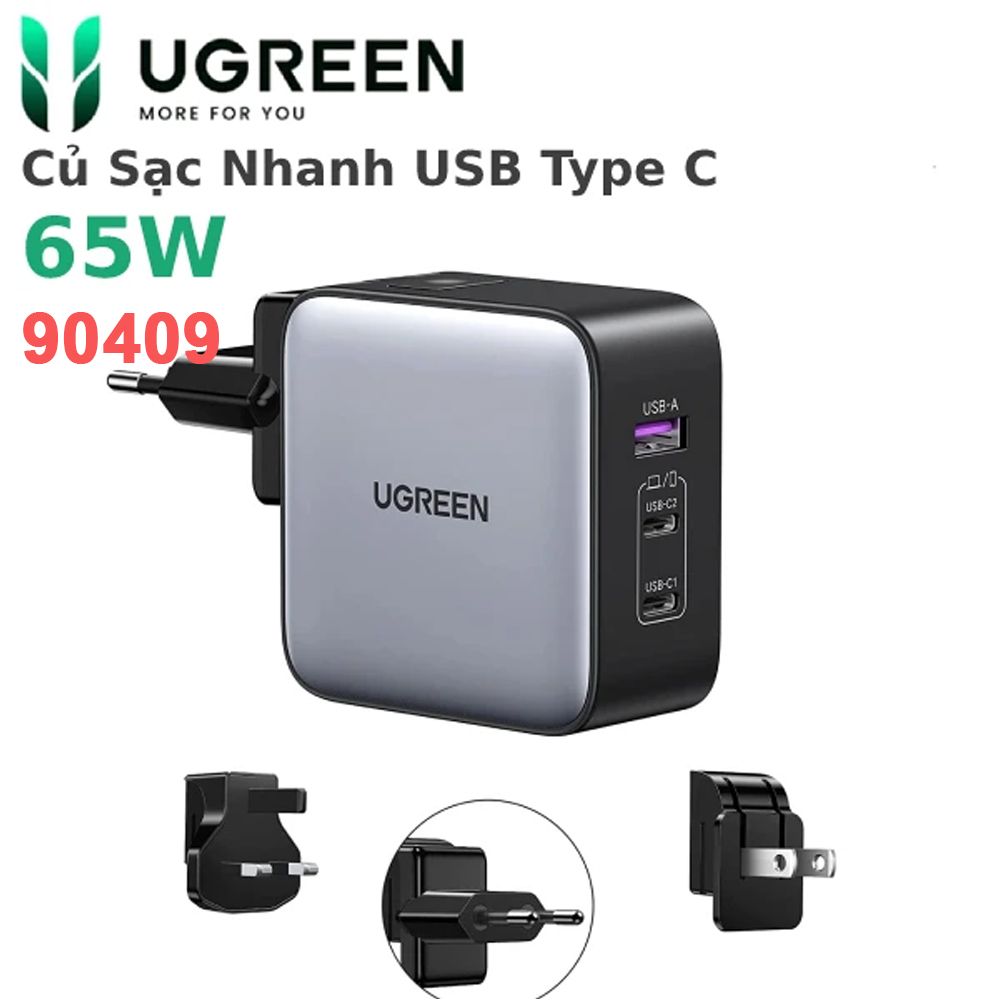 Củ sạc nhanh 65W GaN Nexode USB Type C Ugreen 90409 với 3 cổng sạc 2x USB-C, 1x USB-A