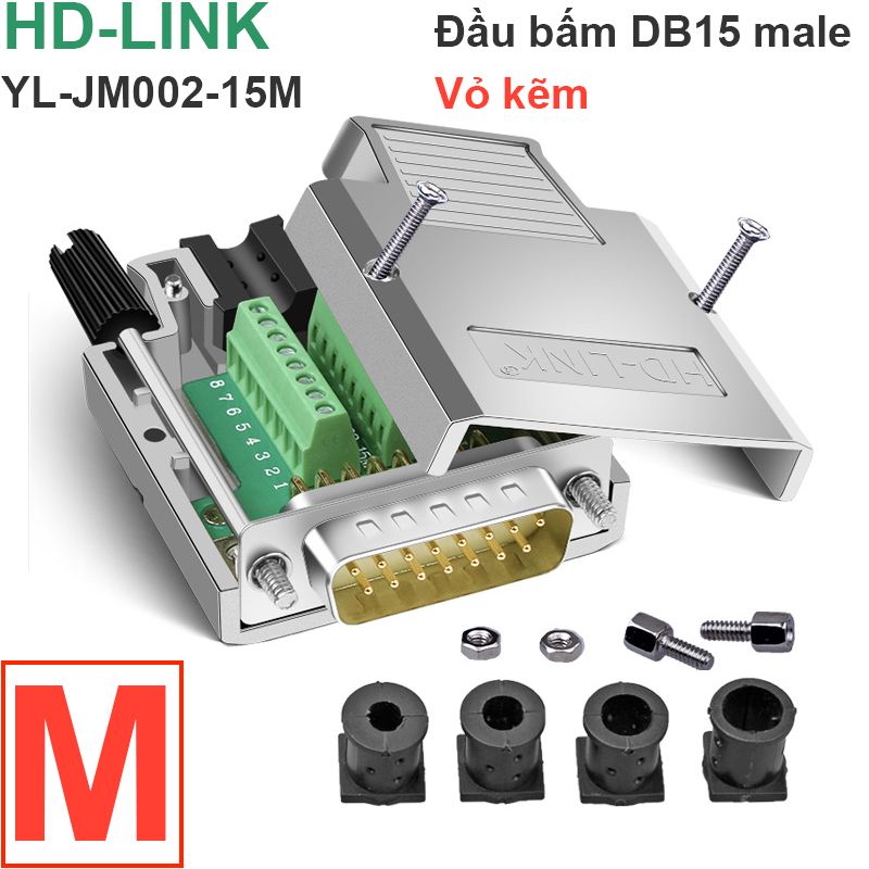  Đầu bấm cổng DB15 đực male bắt vít kèm vỏ ốp nhựa chân đồng HD-LINK YL-SCD-15M 