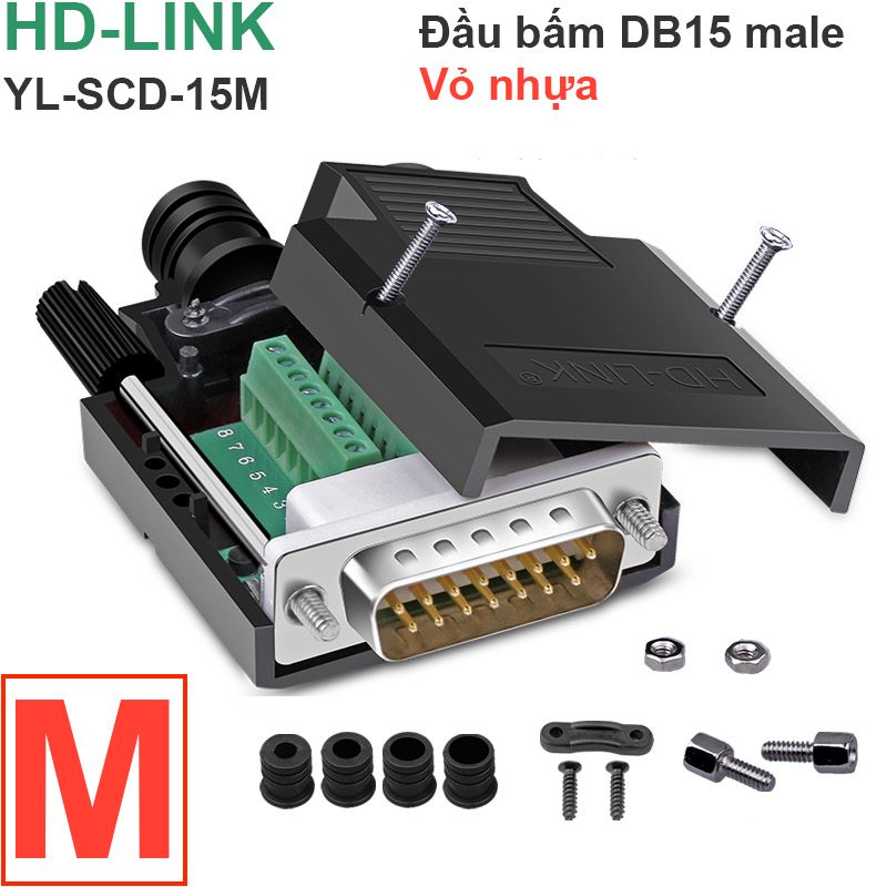  Đầu bấm cổng DB15 đực male bắt vít kèm vỏ ốp nhựa chân đồng HD-LINK YL-SCD-15M 