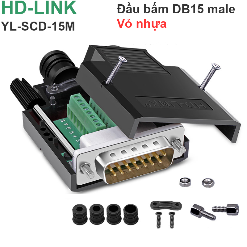 Đầu bấm cổng DB15 đực male bắt vít kèm vỏ ốp nhựa chân đồng HD-LINK YL-SCD-15M