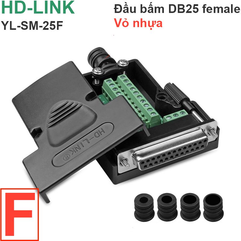  Đầu bấm cổng DB25 cái female bắt vít kèm vỏ ốp kẽm chân đồng mạ vàng 24K HD-LINK YL-JM003-25F 