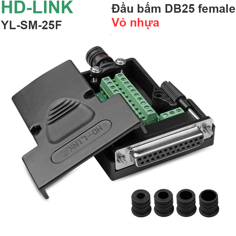 Đầu bấm cổng DB25 cái female bắt vít kèm vỏ ốp nhựa HD-LINK YL-SM-25F