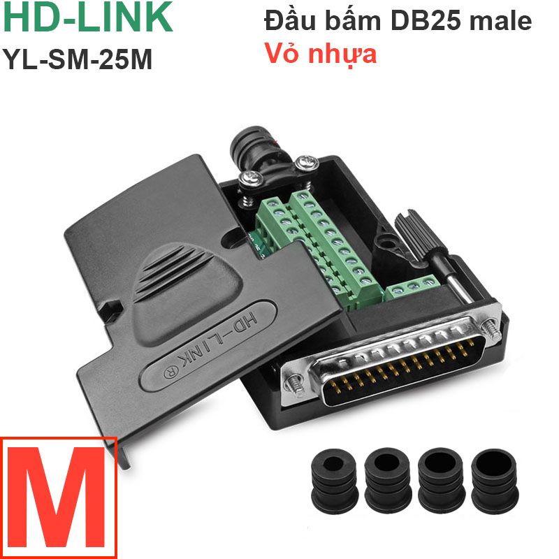  Đầu bấm cổng DB25 cái female bắt vít kèm vỏ ốp kẽm chân đồng mạ vàng 24K HD-LINK YL-JM003-25F 