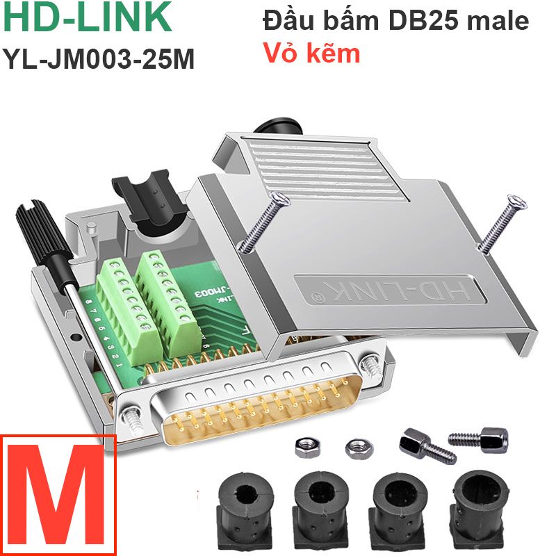  Đầu bấm cổng DB25 đực male bắt vít kèm vỏ ốp nhựa HD-LINK YL-SM-25M 