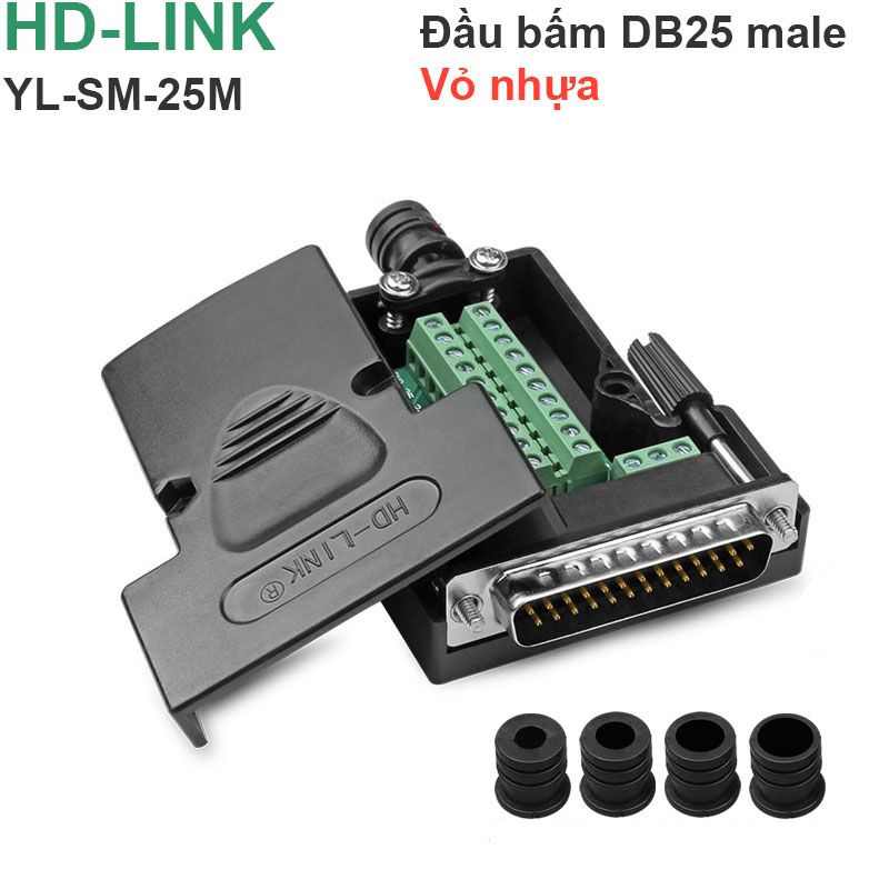  Đầu bấm cổng DB25 đực male bắt vít kèm vỏ ốp nhựa HD-LINK YL-SM-25M 