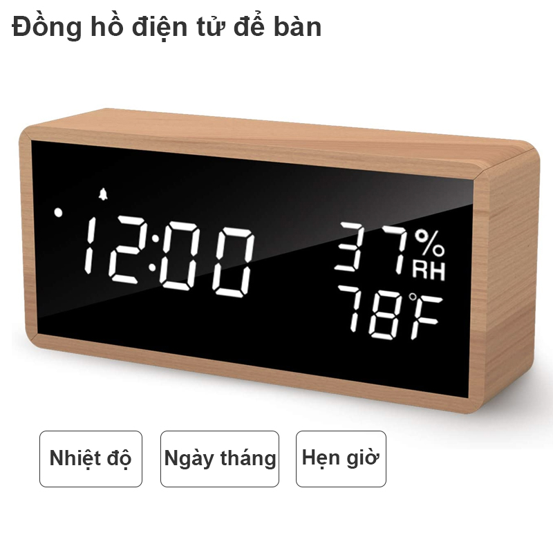 Đồng hồ điện tử để bàn chức năng hẹn giờ đo nhiệt độ xem ngày tháng vỏ gỗ