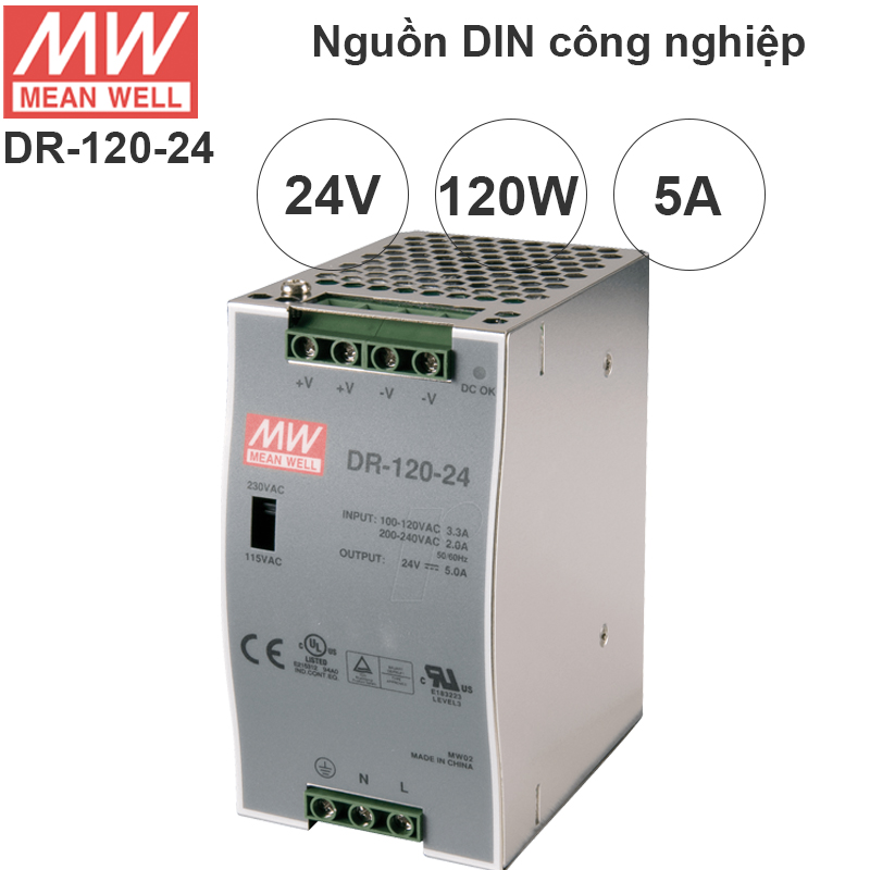 Nguồn DIN 120W công nghiệp 24V- 5A Meanwell DR-120-24