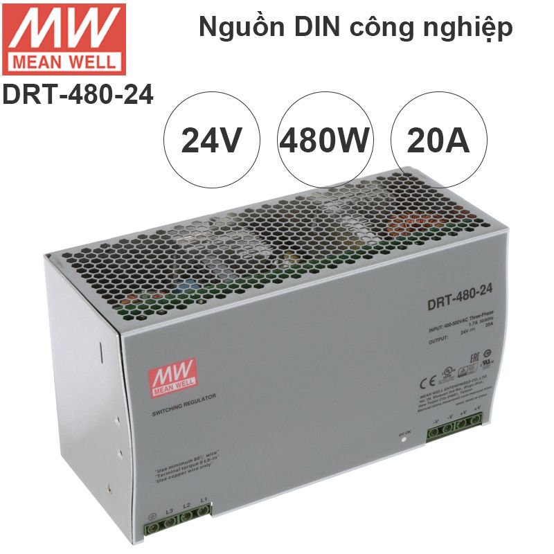 Nguồn DIN công nghiệp 480W 24V 20A Meanwell DRT-480-24