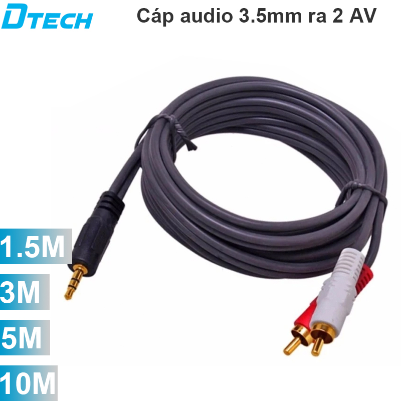 Cáp Audio 3.5mm to 2 RCA - Dây âm thanh 1 đầu 3,5mm ra 2 đầu AV hoa sen DTECH 1.5M 3M 5M 10M