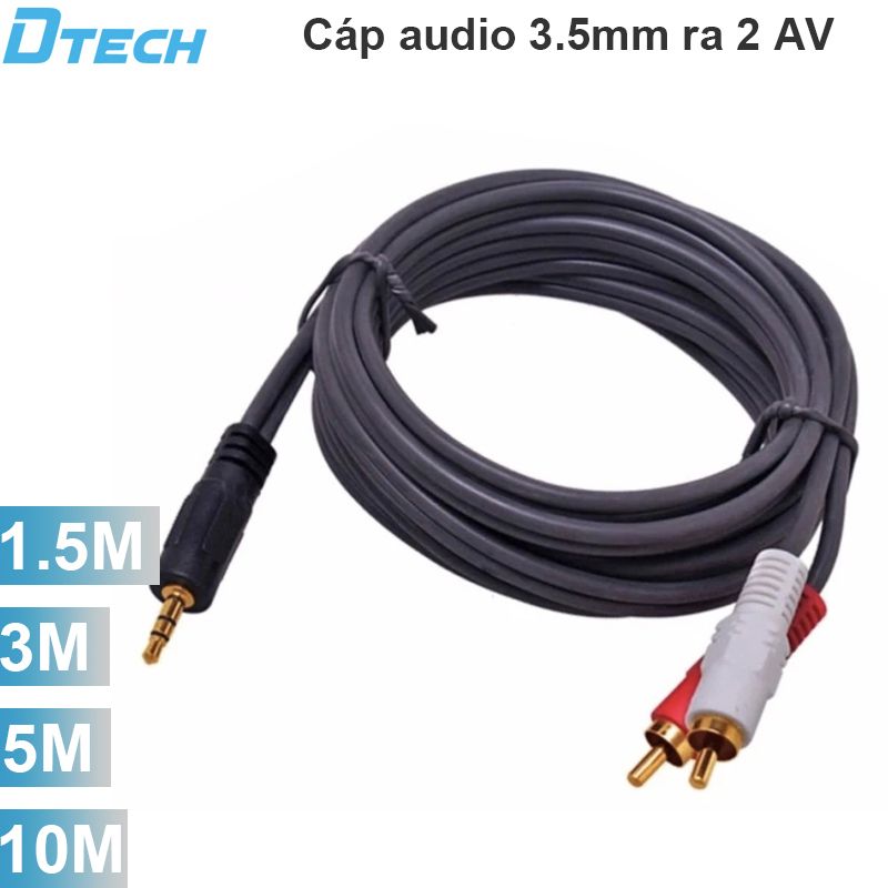 Cáp Audio 3.5mm to 2 RCA - Dây âm thanh 1 đầu 3,5mm ra 2 đầu AV hoa sen DTECH 1.5M 3M 5M 10M