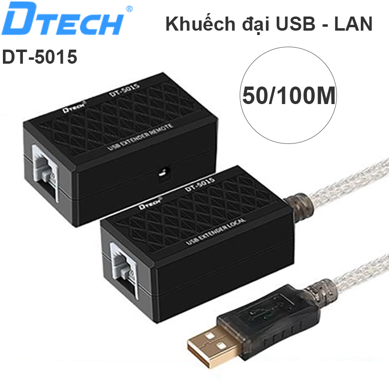 Bộ chuyển đổi USB sang RJ45 DTECH DT-5015. Nối dài tới 50m khi dùng cho máy in, usb flash và 100m dùng cho chuột, bàn phím