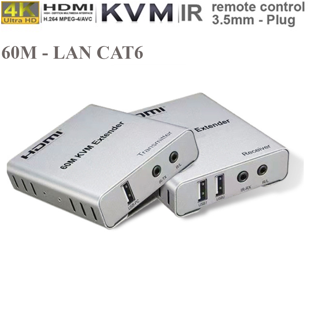 Bộ khuếch đại mở rộng HDMI 4K+ USB qua dây cáp mạng 60 mét -  4K HDMI KVM 60M Extender -  Bộ kéo dài HDMI USB qua dây mạng 60 mét