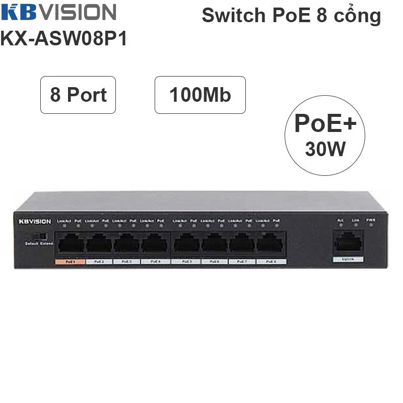 Switch Bộ chia 8 cổng PoE 802.3at PoE+/af 96W KBVISION KX-ASW08P1