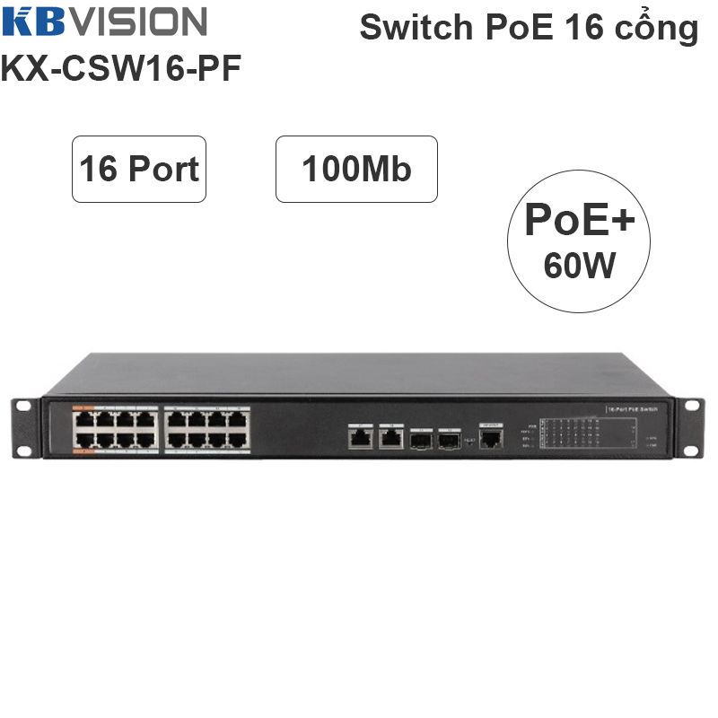 Switch Bộ chia 16 cổng PoE 802.3at PoE+/af 190W KBVISION KX-CSW16-PF