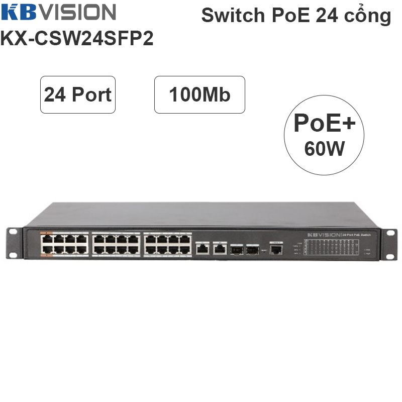 Switch Bộ chia 24 cổng PoE 802.3at PoE+/af 240W KBVISION KX-CSW24SFP2