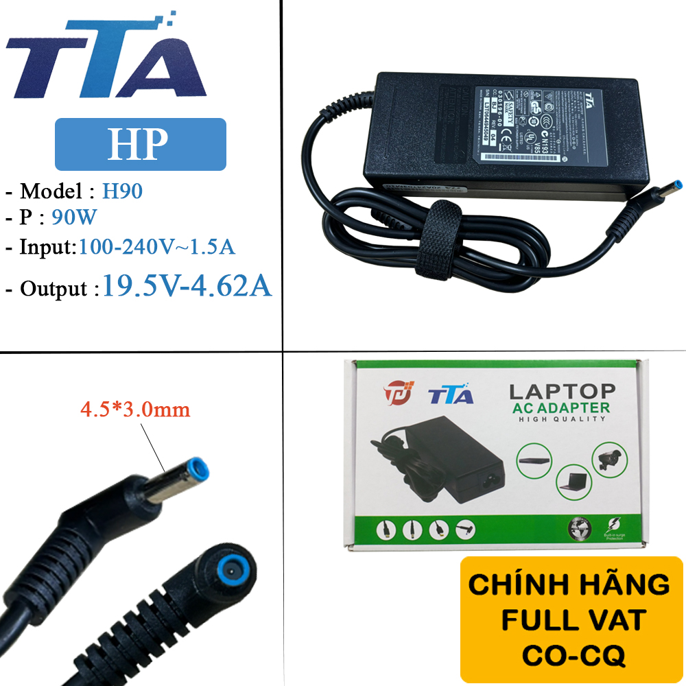 Bộ nguồn sạc pin laptop HP 19V-4.62A 90W chân 4.5x3.0mm chính hãng TTA - H90