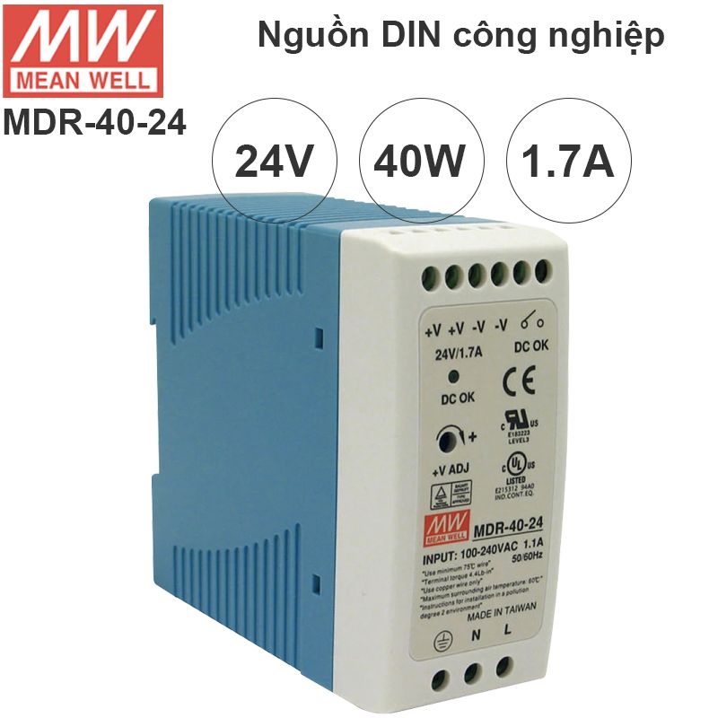 Nguồn DIN công nghiệp 40W 24V- 1.7A Meanwell MDR-40-24