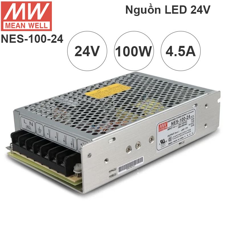 Nguồn LED tổng DC 24V-4.5A MeanWell NES-100-24 có ADJ 25v, 26v, 27v, 28V