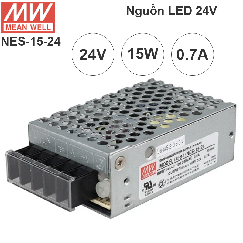 Nguồn LED tổng DC 24V-0.7A MeanWell NES-15-24 có ADJ 25v, 26v, 27v, 28V