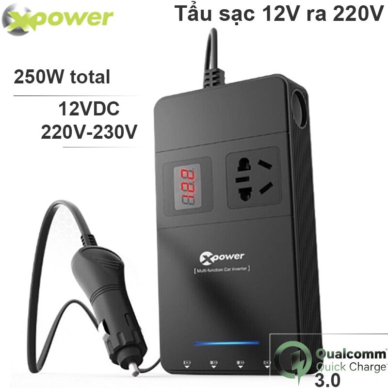  Bộ tẩu sạc chuyển nguồn 12V sang 220V 1 ổ điện, 4 cổng USB DC5V-2.4A/1.5A Xpower Nano O2 Series T1a 