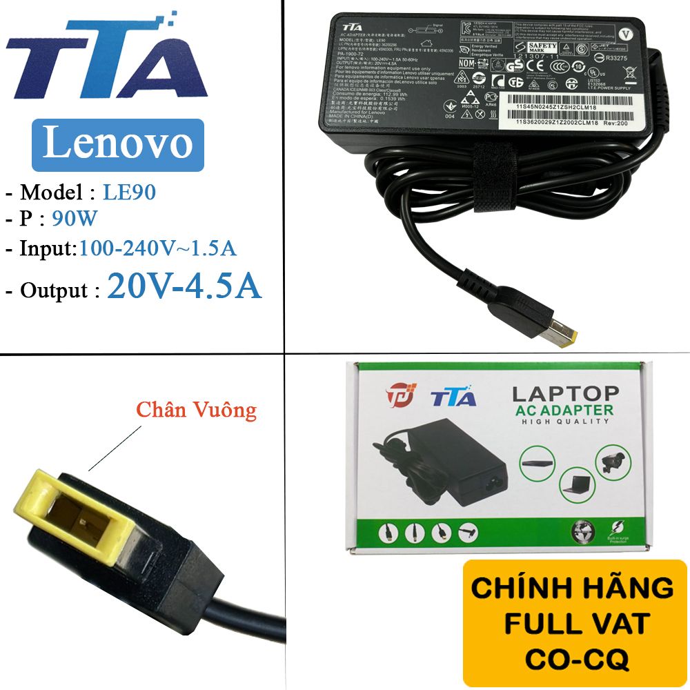 Bộ nguồn sạc pin laptop Lenovo 20V-4.5A 90W chân vuông chính hãng TTA - LE90