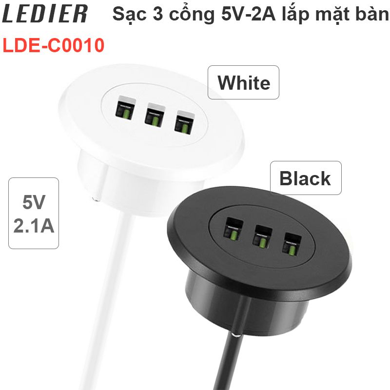 Ổ cắm sạc 3 cổng USB 5V 2.1A lắp mặt bàn âm sàn 1.5 mét (đen và trắng)