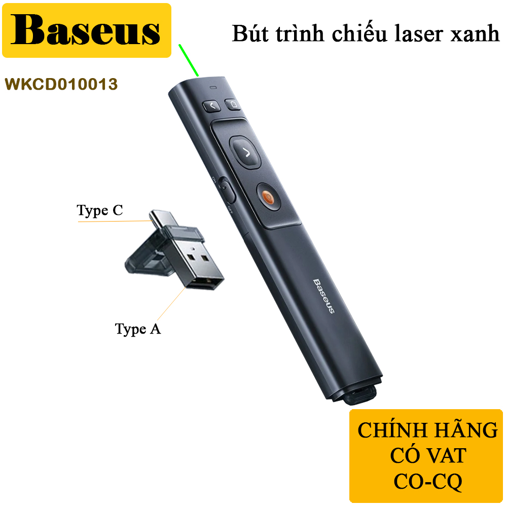 Bút trình chiếu tia laze xanh - Bút chỉ máy chiếu  tia lazer đèn màu xanh pin sạc chính hãng Baseus WKCD010013