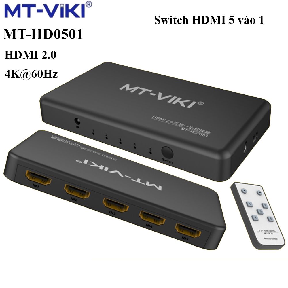 Bộ chuyển mạch Switch HDMI 5 vào 1 ra chuẩn 2.0 hỗ trợ 4k@60Hz MT-Viki MT-HD0501