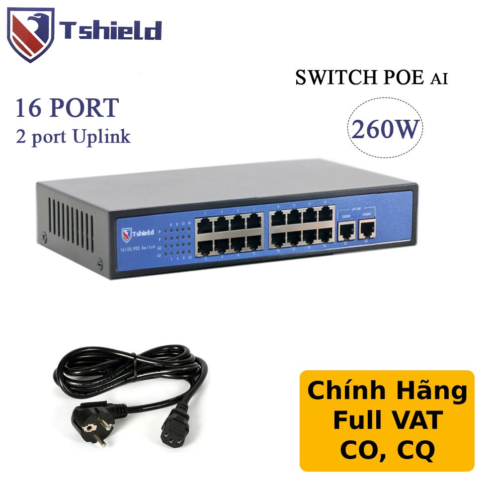 Switch mạng POE 16 cổng + 2 Uplink tốc độ 10/100Mbps  chính hãng Tshield TS-G1602FNC