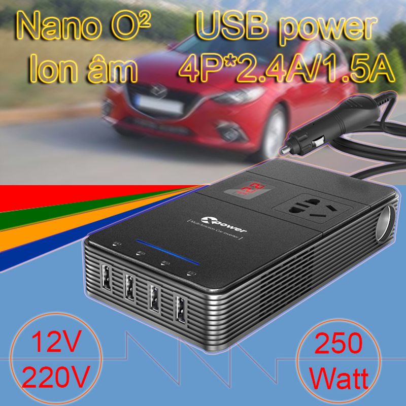  Bộ tẩu sạc chuyển nguồn 12V sang 220V 1 ổ điện, 4 cổng USB DC5V-2.4A/1.5A Xpower Nano O2 Series T1a 