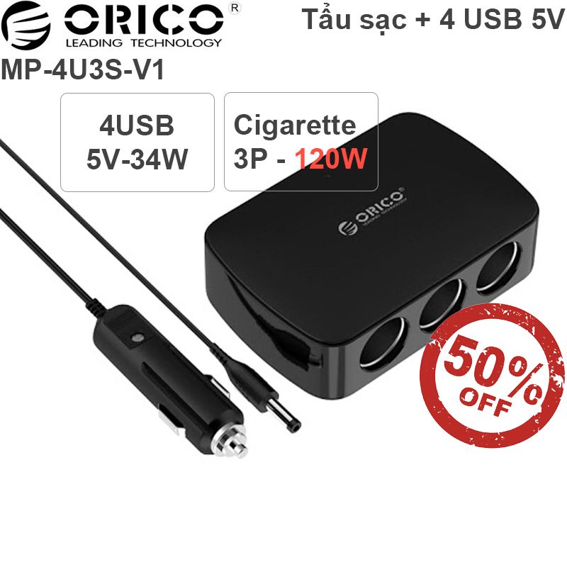 Tẩu sạc 4 cổng USB 5V-2A Orico MP-4U3S - Bộ chia tẩu sạc 12V 1 ra 3 cho xe hơi