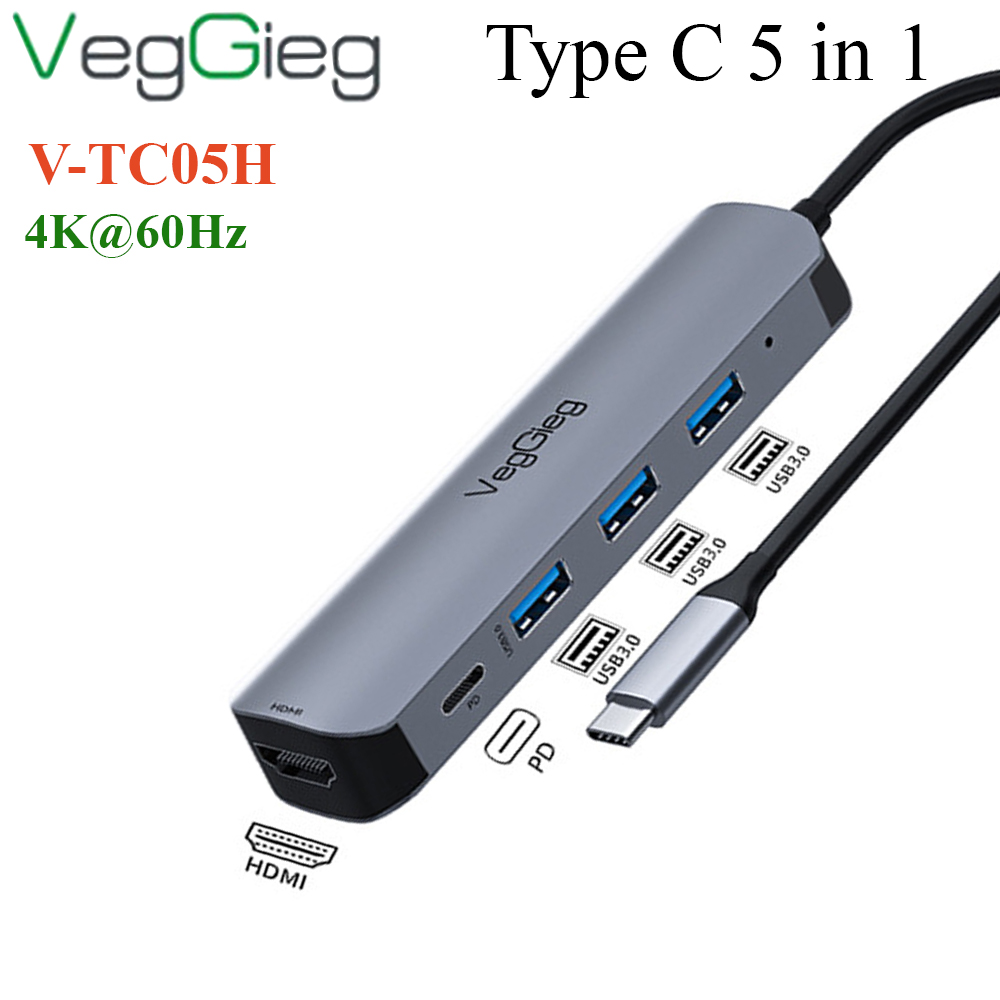 Bộ chuyển USB type C ra HDMI 4K*2k +  USB 3.0*3  VEGGIEG V-TC05H