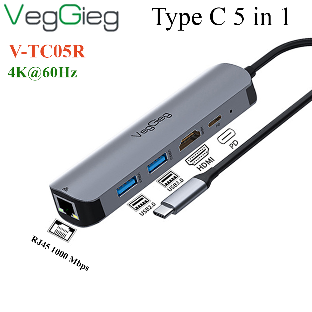 Bộ chuyển USB type C ra HDMI 4K*2k +  USB 3.0*1 + USB 2.0*1 + RJ45  VEGGIEG V-TC05R