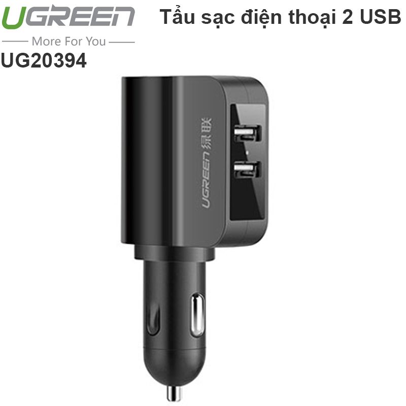  Tẩu sạc nguồn trên ô tô 2 cổng USB 2.4A và 1A Ugreen 20394 có đầu mở rộng 12V 