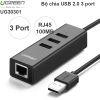 Bộ chia USB 2.0 3 cổng kết hợp USB sang RJ45 LAN 10/100Mb Ugreen 30301 30297 30298