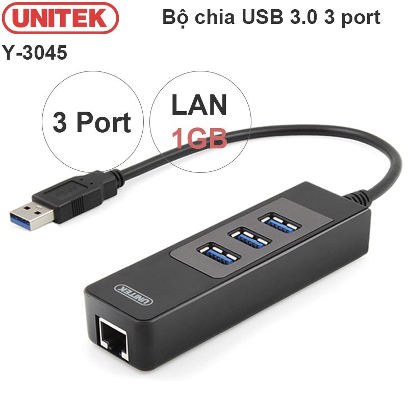 Hub USB 3.0 3Port+ Lan Gigabit Unitek Y-3045, hub phụ kiện điện tử