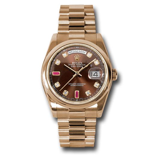 Đồng hồ Rolex Everose Gold Day-Date Domed Bezel Chocolate Diamond And Ruby  Dial President Bracelet 118205 chodrp 36mm