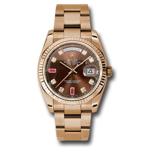 Đồng hồ Rolex Everose Gold Day-Date Fluted Bezel Chocolate Diamond And Ruby Dial Oyster Bracelet 118235 chodro 36mm