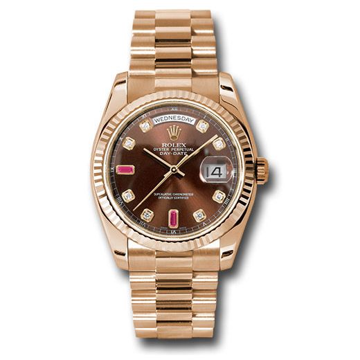 Đồng hồ Rolex Everose Gold Day-Date Fluted Bezel Chocolate Diamond And Ruby Dial President Bracelet 118235 chodrp 36mm