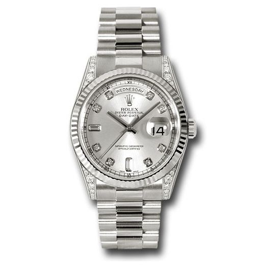 Đồng hồ Rolex White Gold Day-Date Fluted Bezel Diamond Lugs Silver Diamond  Dial President Bracelet 118339 sdp 36mm